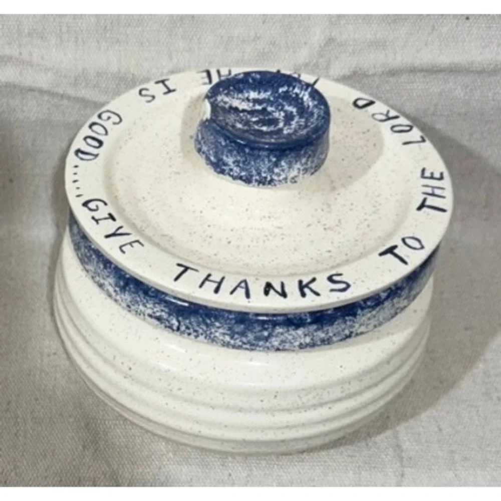 KW Studio Pottery Canister Give Thanks To The Lord Blue Cream Speckled 5x5